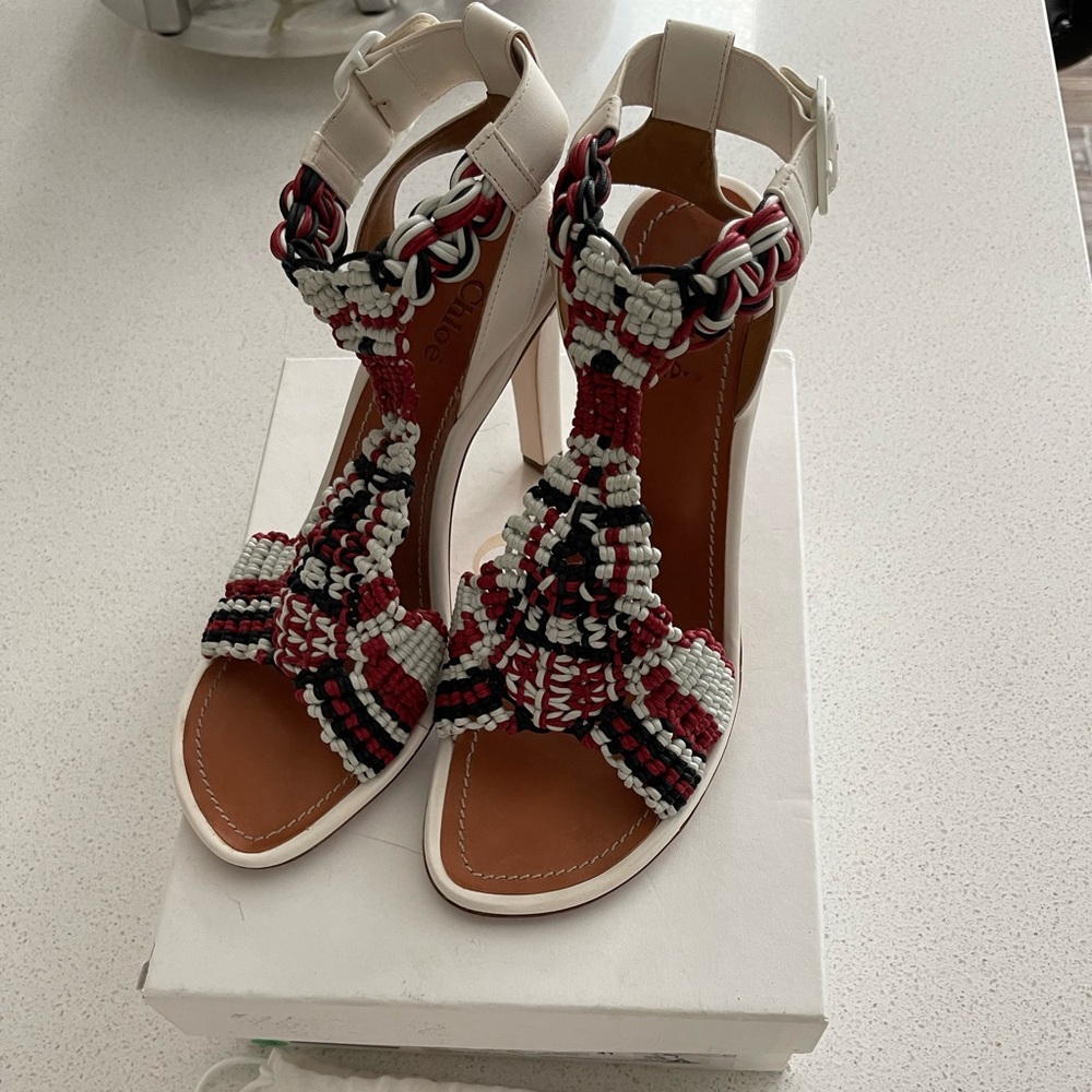 Chloe White/Multicolor Woven Leather Open Toe Sandals Size 10.5/41